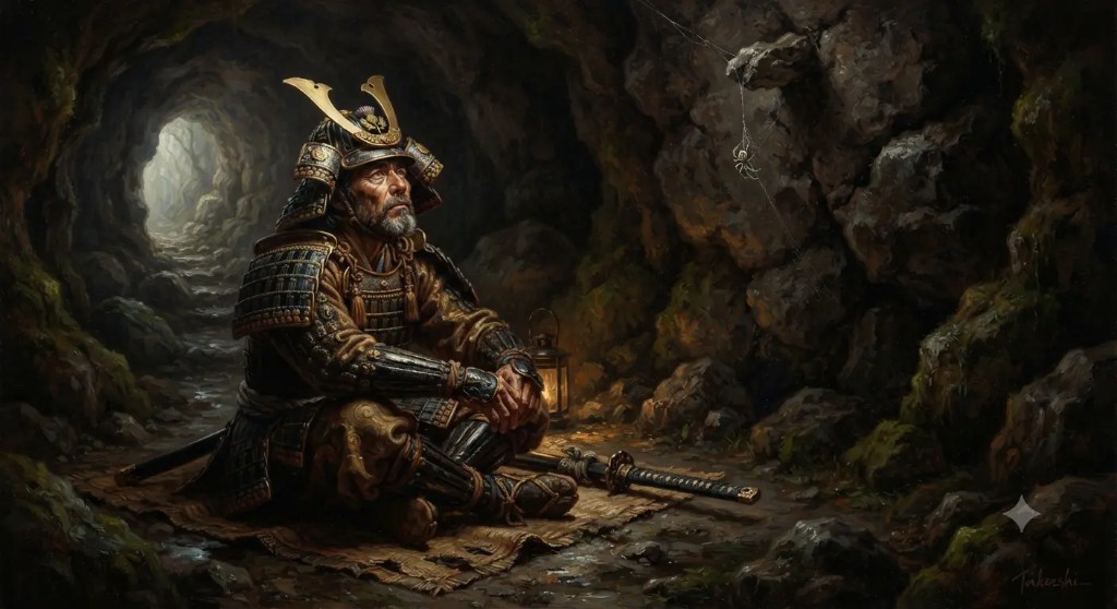 A warrior in a cave watching a spider — grit and persistence